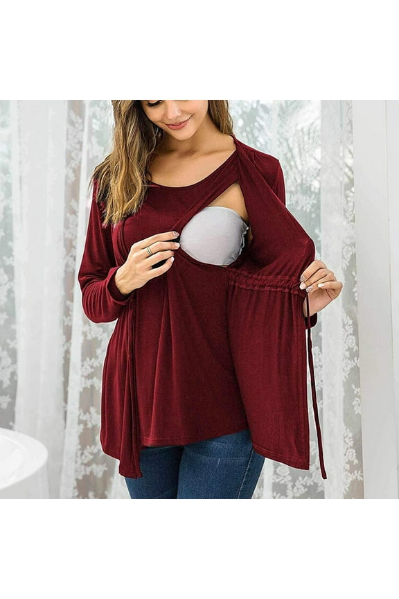 Womens Maternity Tops/Shirts Long Sleeve V Neck Belted Maternity Nursing Clothes/Tunic Casual Pregnancy Blouse S-2XL