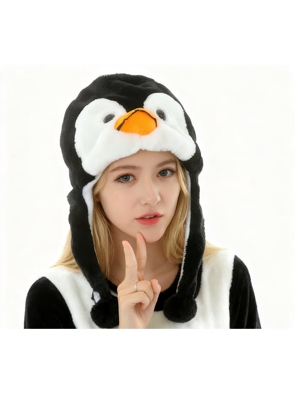 Womens Penguin Winter Hat Fuzzy Faux Fur Warm Fleece Lined Cartoon Animal Earmuff Beanie with Fluffy Pompom Tassels for Cold Weather