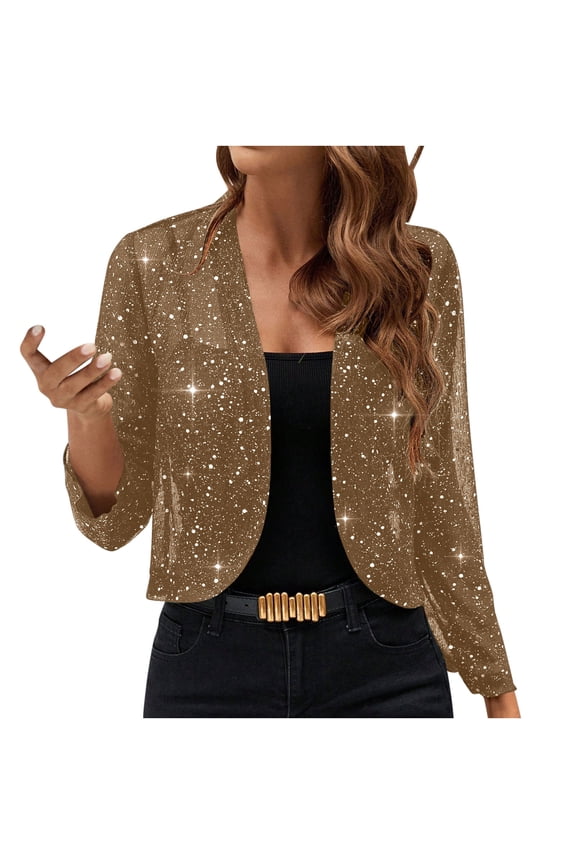 Womens Sequin Jacket Sparkly Glitter Open Front Cropped Blazer Lightweight Shrug Jacket for Evening Party Cocktail