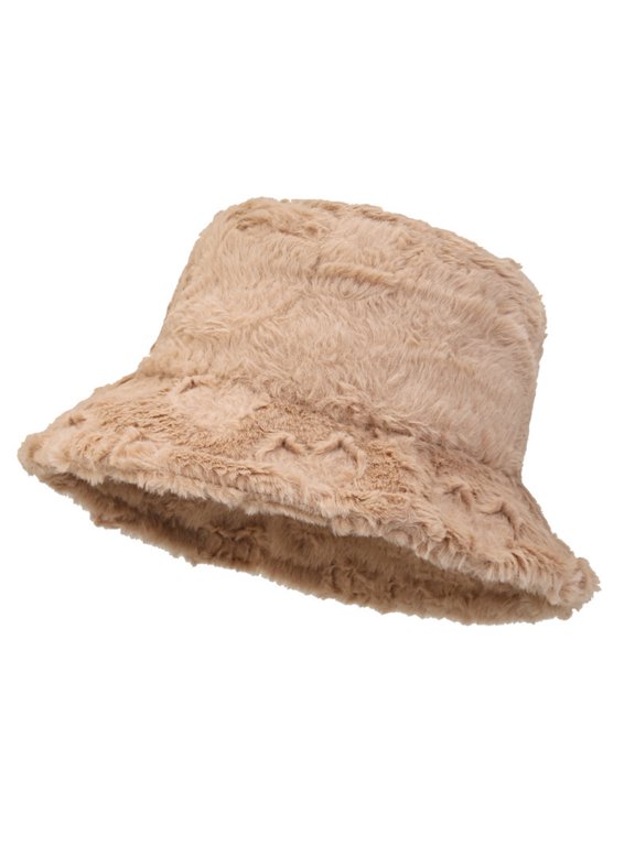 Womens Winter Faux Fur Bucket Hat Fuzzy Warm Plush Fluffy Fisherman Cap Soft Embossed Heart Pattern Packable Cold Weather Basin Hats
