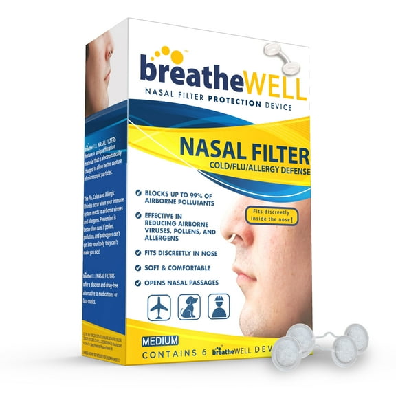 breatheWELL Nasal Filter Protection Device 6 Count, Large, Filters air borne substances