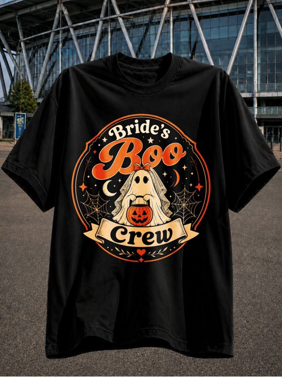 brides boo crew with cute ghost jack lantern bucket moon webs and orange vintage graphic unisex t shirt