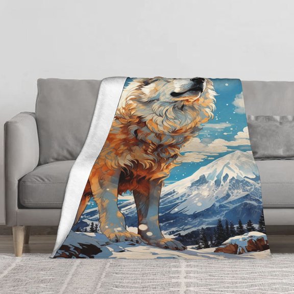 This brightly colored cartoon-themed winter flannel blanket features a majestic white and brown wolf standing atop a snow-capped peak. Soft and comfortable, it's perfect for sofas and bedrooms.