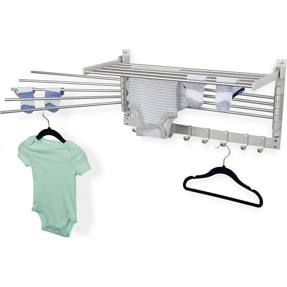 brightmaison BGT Wash Clothes Drying Rack Wall Mount Laundry Room Organizer with Hooks & Swing Arms, 24" Metal Laundry Rack Silver