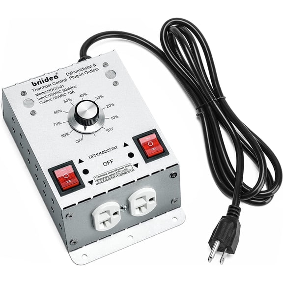 Briidea Crawl Space Humidistat & Thermostat Controller, 2 Outlets, for Basement Attic Garage