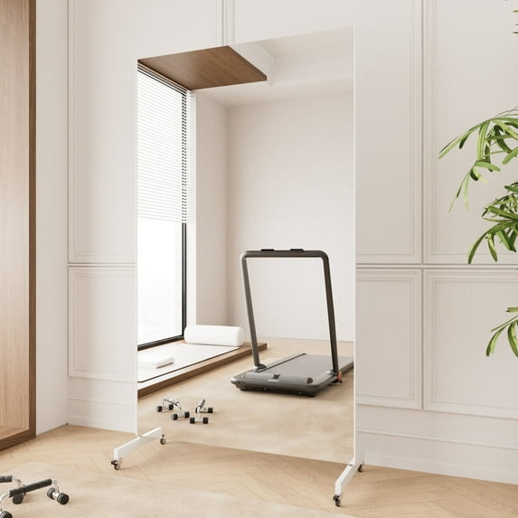Brisafe Home Gym Mirror 360°Swivel on Wheels, 67" X 40" Extra Large Full Body Rolling Mirror for Yoga/Dance Studio, Glassless Lightweight Unbreakable Workout Mirror, 9.5 lbs, White