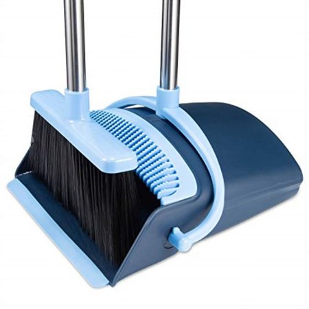 broom and dustpan set 2019 outdoor or indoor broom dust pan 3 foot angle heavy push combo upright long handle for kids garden pet dog hair lobby wood floor sweeping kitchen house (broom blue