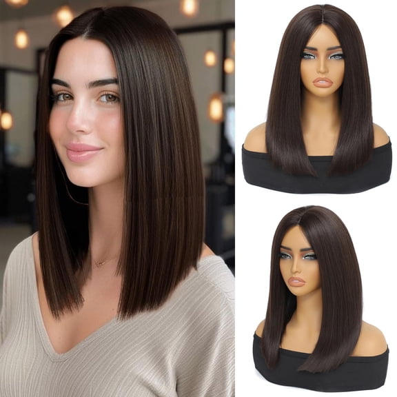 brown Bob Wigs Glueless Straight Wigs For Women Synthetic Heat Resistant Fiber Hair long bob wig Middle Part Bob Wigs medium length wigs for women 16inch(brown)