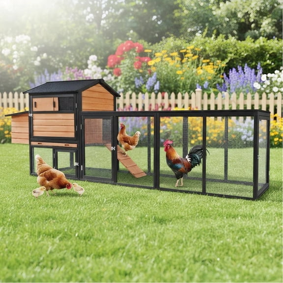 brown+black Wooden Chicken Coop, Large Outdoor Hen House with Run and Nesting Box Poultry Cage, Rabbit Hutch, Waterproof Anti-UV Panel for Backyard