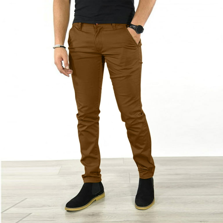 brown pants for men male casual business solid slim pants zipper fly pocket  cropped pencil pant trousers 