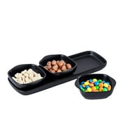 bruntmor 4-Piece Set - Tray with Three compartment serving Square Bowls, Porcelain Serving Set for Snacks, Nuts, Condiments, Candy Chip and Dip Serving Set, Black