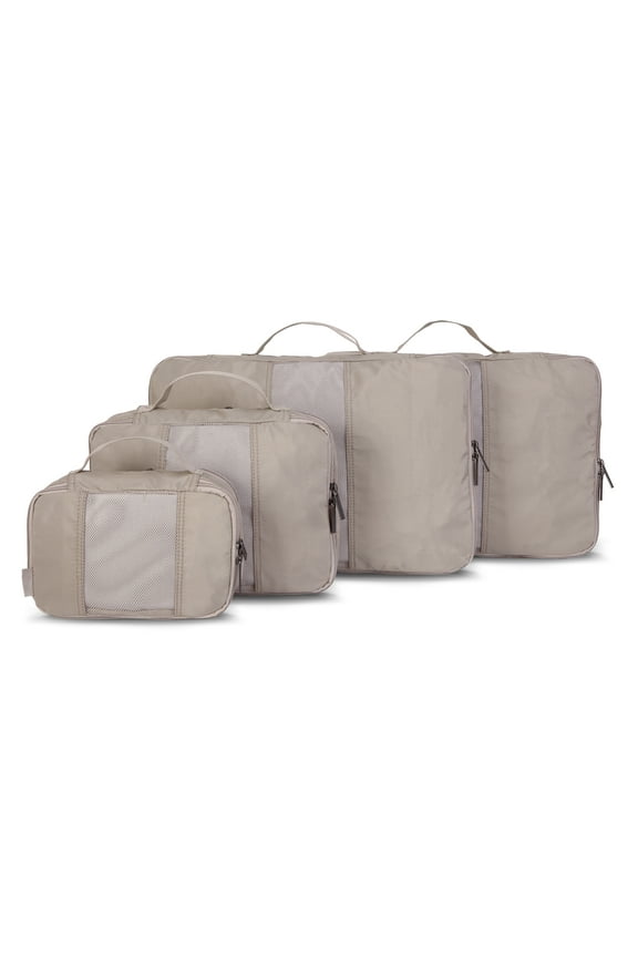 4 Piece Nylon Mesh Front Expandable Zippered Compression Packing Cubes, Taupe