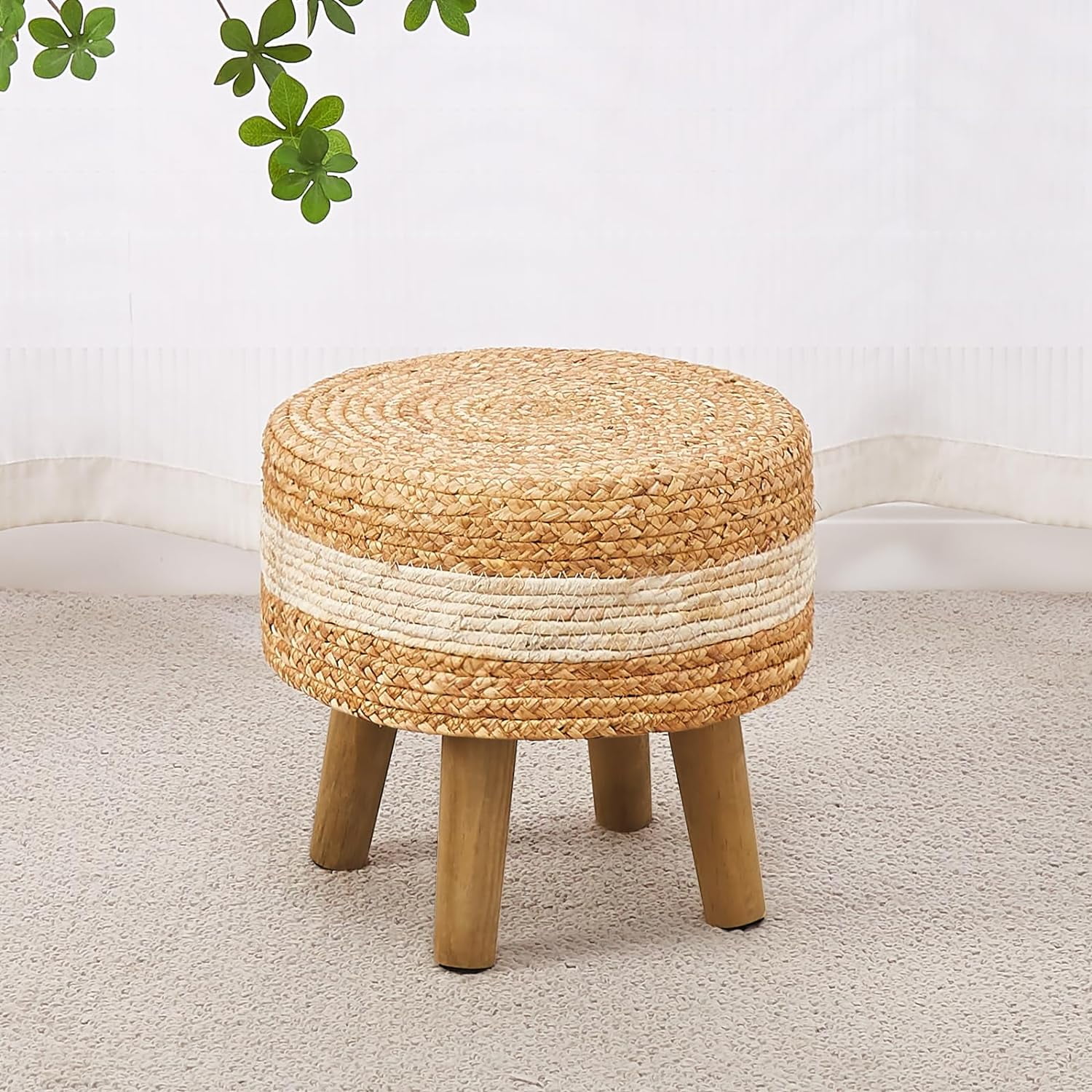 Boho Pouf Aus Seegras & Baumwolle – Rund, 50 Cm, Natürliches Beige