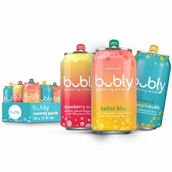 bubly, 3 Flavor Variety Pack (Bellini Bliss, Strawberry Sunset, Coconut Pineapple), Zero Sugar & Zero Calories, 12 Fl Oz Cans (Pack of 12)