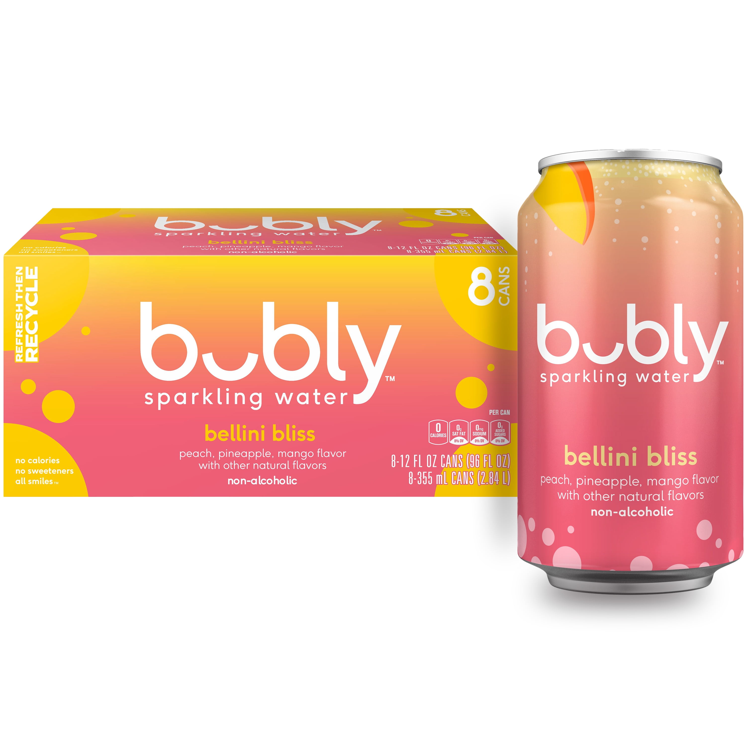 bubly Bellini Bliss Sparkling Water, 12 fl oz, 8 Pack Cans