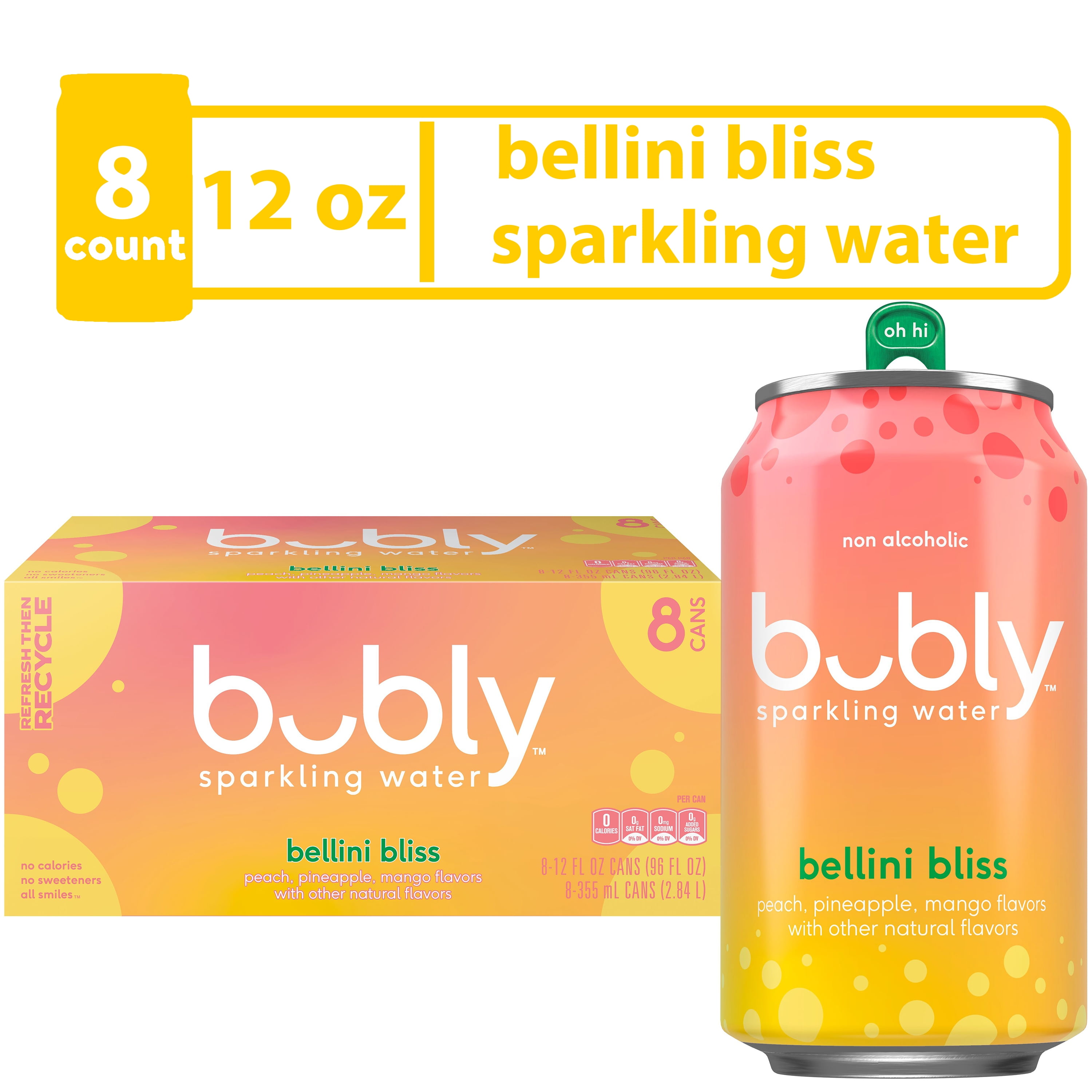 bubly Bellini Bliss Sparkling Water, 12 fl oz, 8 Pack Cans
