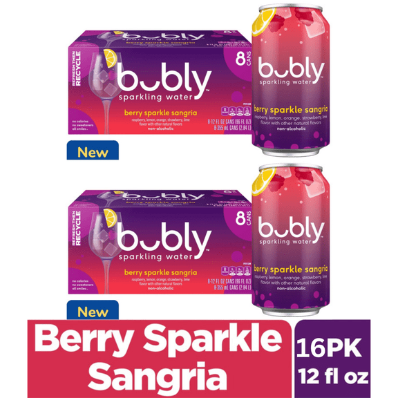bubly Berry Sparkle Sangria Sparkling Water, 12 fl oz Cans, 16-Pack, Berry Flavored Sparkling Water