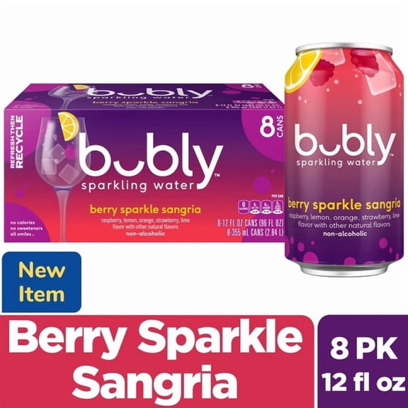 bubly Berry Sparkle Sangria Sparkling Water, 12 fl oz Cans, 8-Pack, Berry Flavored Sparkling Water