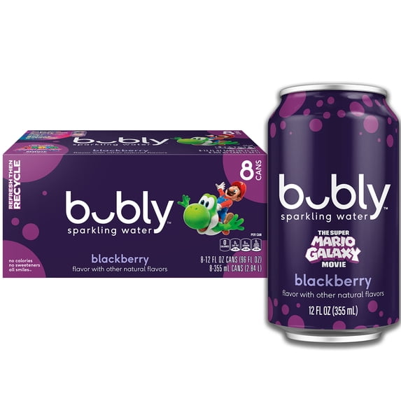 bubly Sparkling Water, The Super Mario Galaxy Movie Blackberry, Zero Sugar & Zero Calories, 12 fl oz Cans (8 pack)