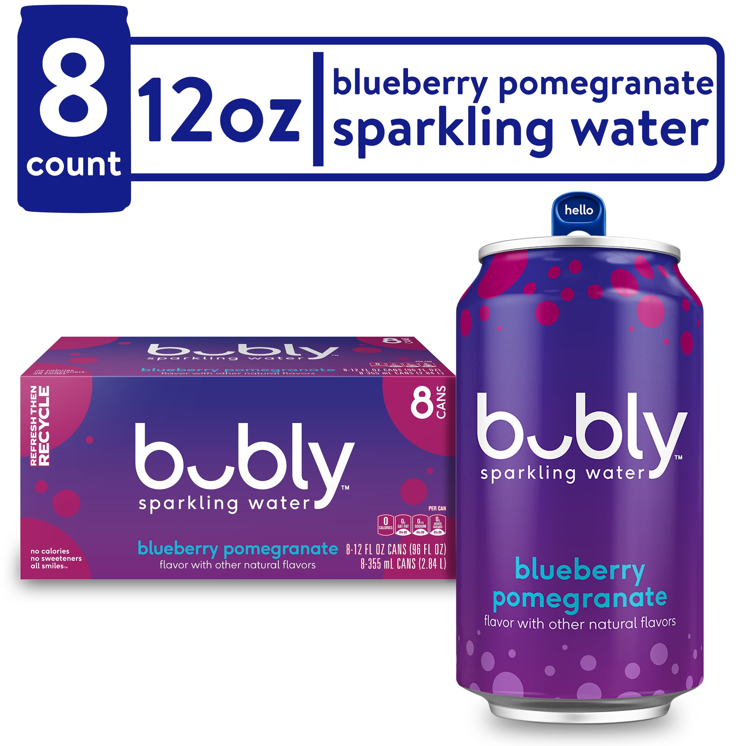 Bubly Blueberry Pomegranate Sparkling Water Drinks, 12 fl oz, 8 Pack Recyclable Aluminum Cans
