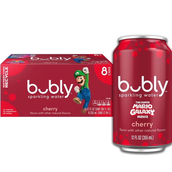 bubly Sparkling Water, The Super Mario Galaxy Movie Cherry, Zero Sugar & Zero Calories ,12 fl oz Cans (8 pack)