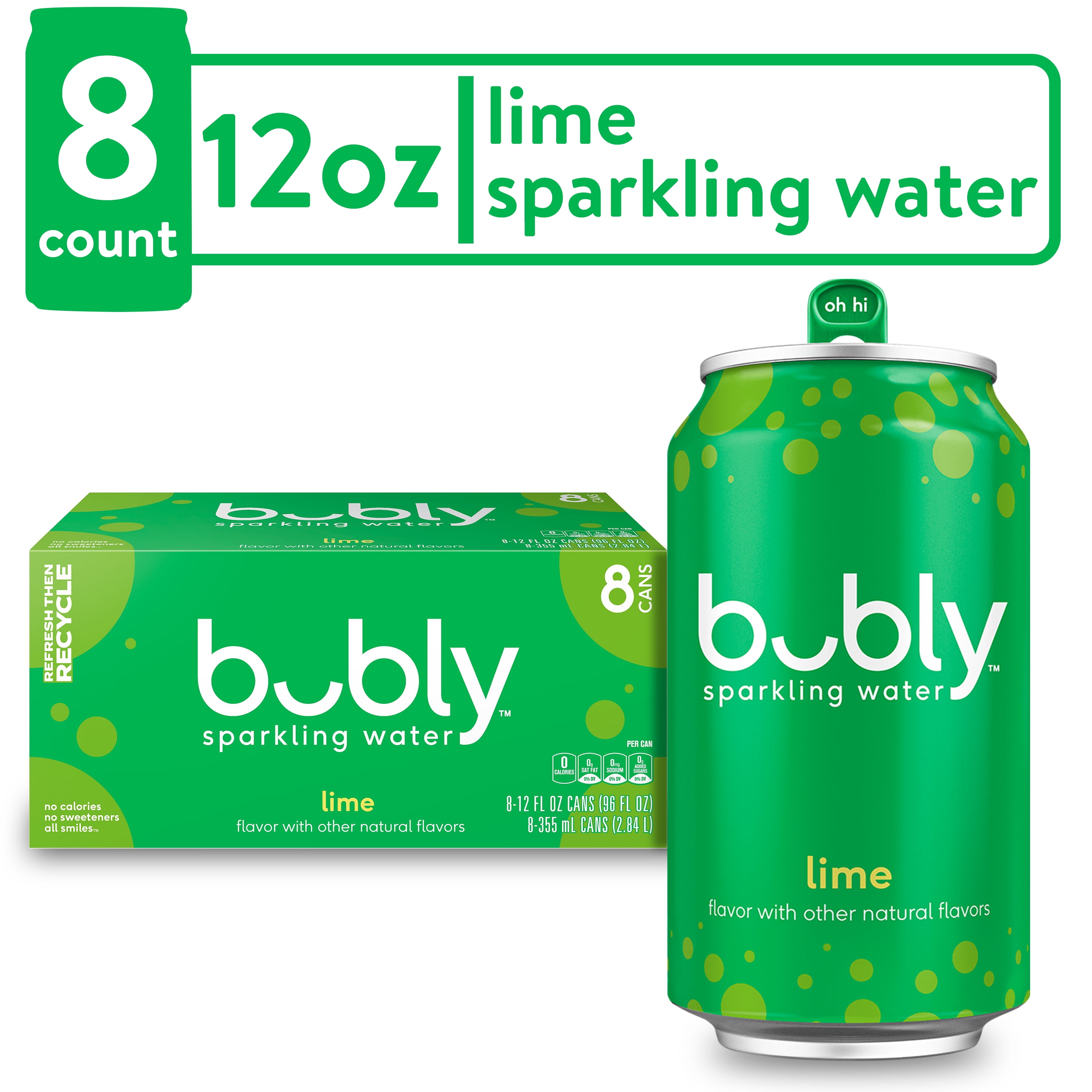 Bubly Lime Flavoured Sparkling Water, 12 fl oz, 8 Pack Recyclable Aluminum Cans