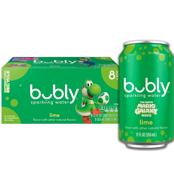 bubly Sparkling Water, The Super Mario Galaxy Movie Lime, Zero Sugar & Zero Calories, 12 fl oz Cans (8 pack)