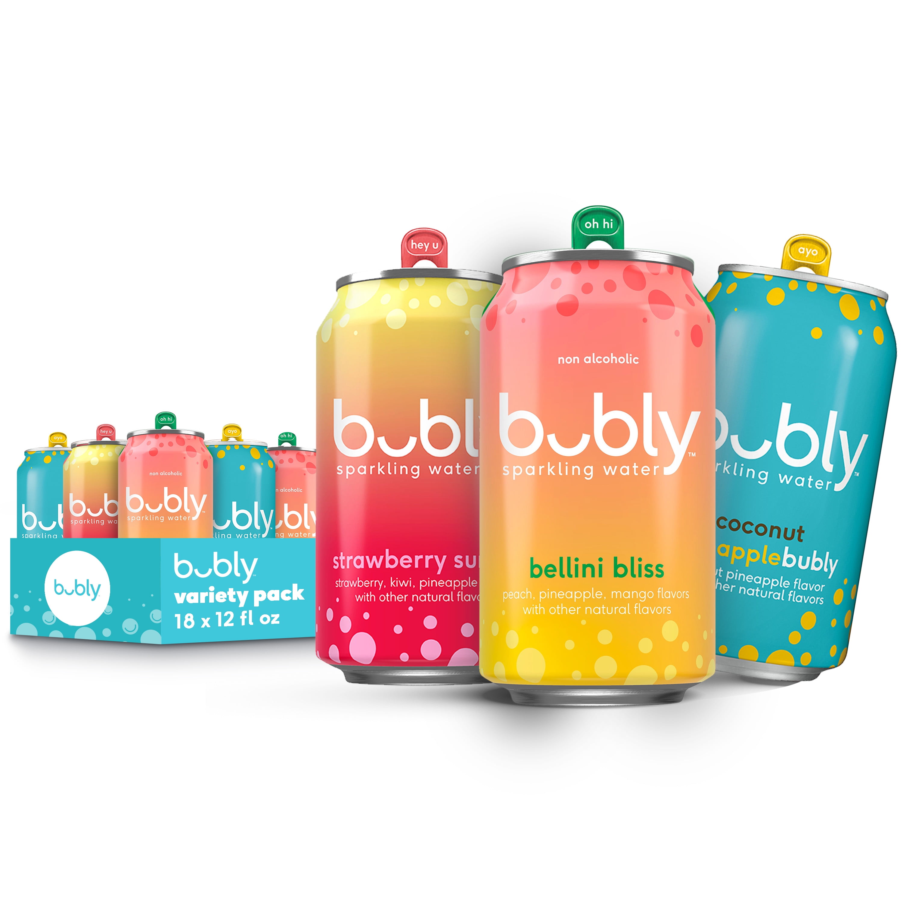 bubly Bellini, Strawberry Sunset and Coconut Sparkling Water, Variety Pack, 12 fl oz, 18 Pack Cans