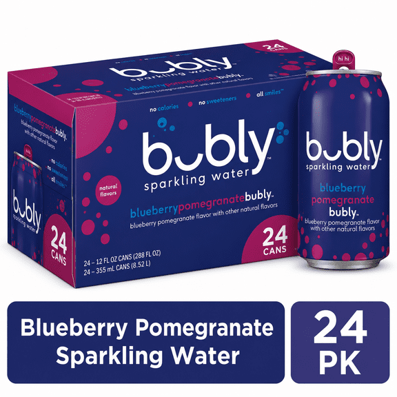 bubly Sparkling Water, Blueberry Pomegranate Flavor, 12 fl oz Cans, 24 Cans
