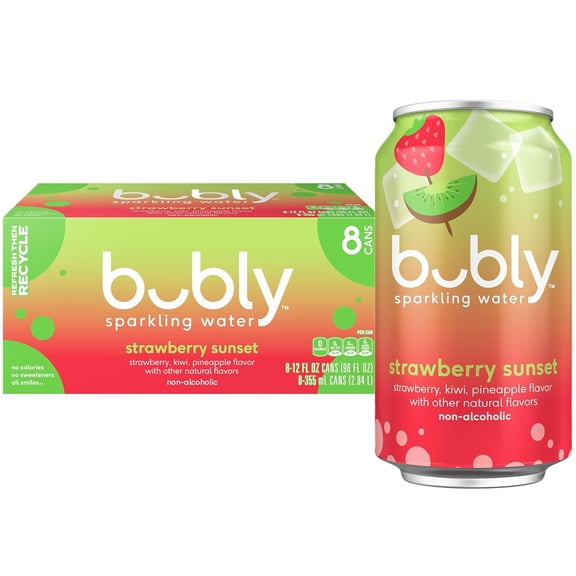 bubly Strawberry Sunset Sparkling Water, 12 fl oz, 8 Pack Cans