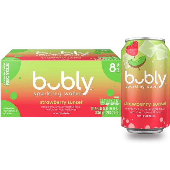 bubly Strawberry Sunset Sparkling Water, 12 fl oz, 8 Pack Cans