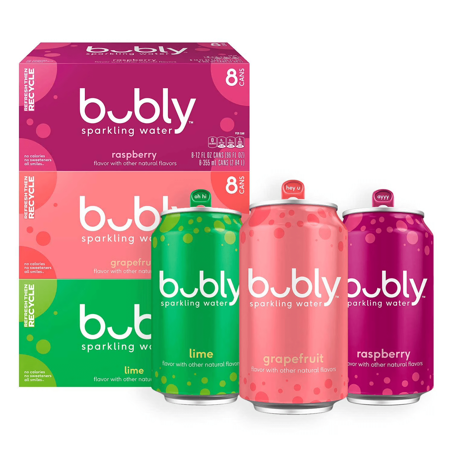 bubly Sparkling Water Variety Pack, Lime, Raspberry, Grapefruit 12 fl. oz., 24 pk.