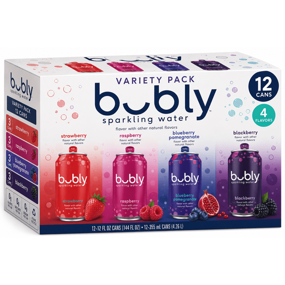 bubly Sparkling Water Variety Pack, Strawberry, Raspberry, Blueberry Pomegranate & Blackberry, 12 fl oz Cans, 12 Pack