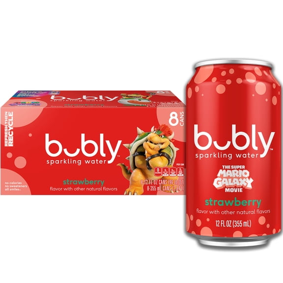 bubly Sparkling Water, The Super Mario Galaxy Movie Strawberry, Zero Sugar & Zero Calories, 12 fl oz Cans (8 pack)