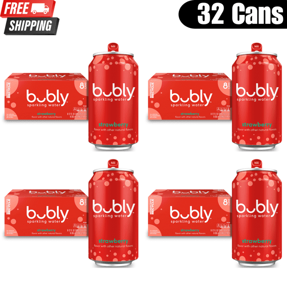bubly Strawberry Sparkling Water, Unsweetened Flavored Sparkling Water, 12 fl oz Cans, 32 Pack
