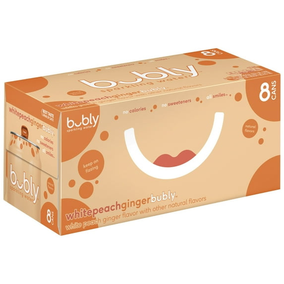 bubly White Peach Ginger Sparkling Water, 12 fl oz, 8 Pack Cans