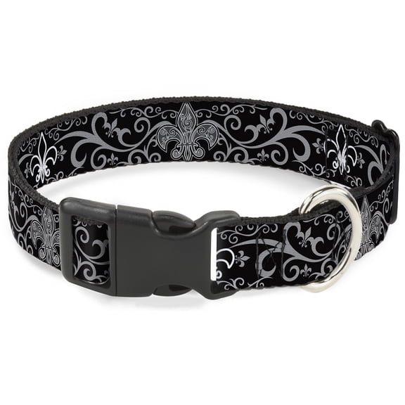 Buckle-Down Pet Collar, Dog Collar Plastic Buckle, Fleur De Lis Filigree Black Gray, 7 to 8.5 Inches 0.5 Inch Wide