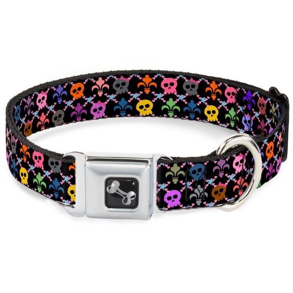 Buckle-Down Pet Collar, Dog Collar Metal Seatbelt Buckle, Skull Fleur De Lis Black Multi Color, 11 to 16.5 Inches 1.0 Inch Wide
