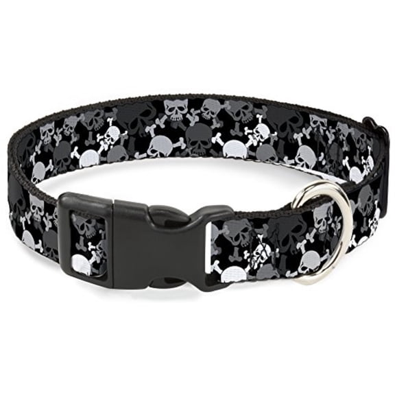 Buckle-Down Breakaway Cat Collar With Bell, Plastic Clip, Easy Adjustable, Multi Top Skulls Stacked Blak Gray White, 8.5 to 12 Inches 0.5 Inch Wide