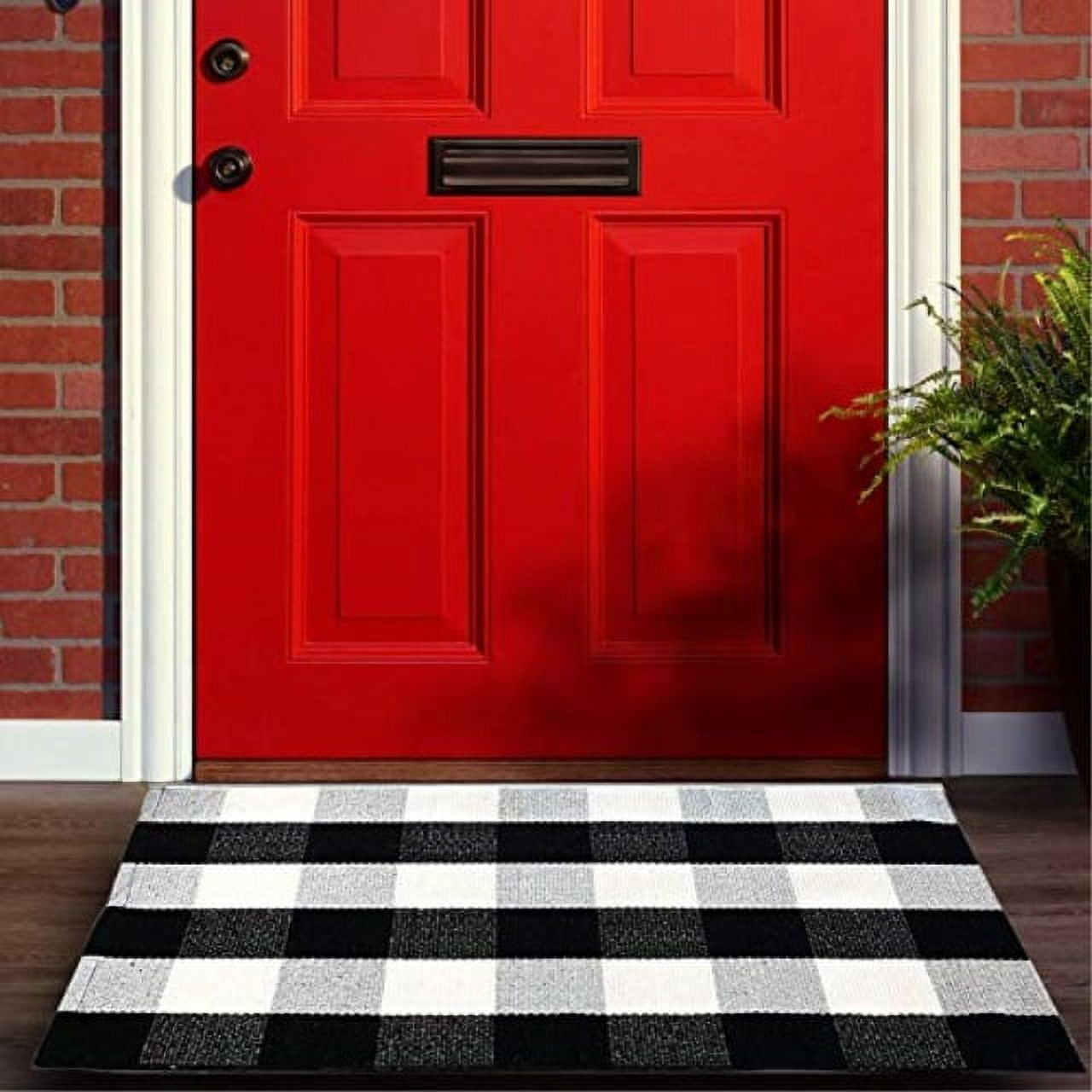 LBCASA Black White Plaid Indoor Door Mat - 16x24, Non-Slip Welcome Mat  for Patio, Gnomes Skate Geometric Space Abstract Art Front Door Rug for