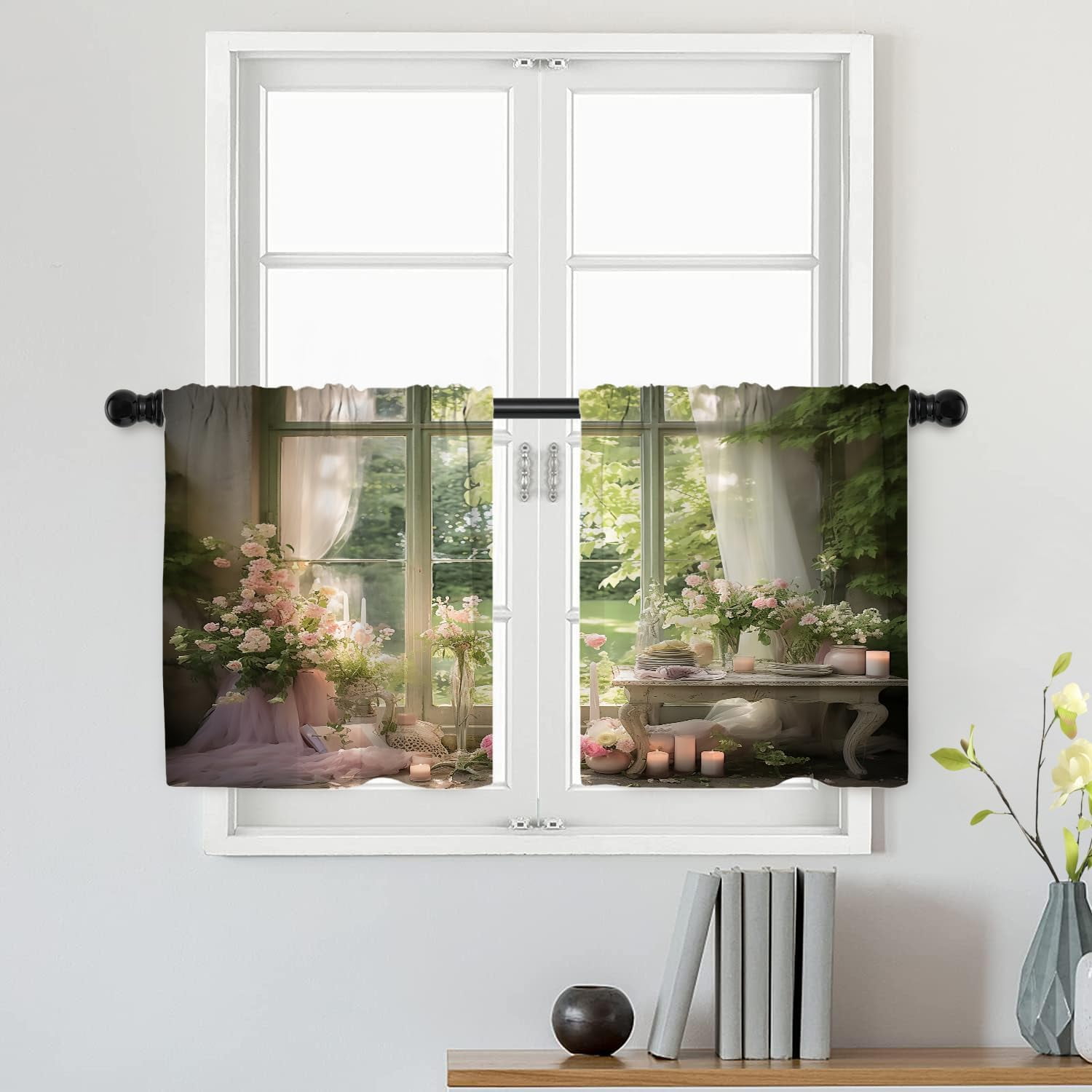 bufiio Flowers Candles Window Tier Curtains, A Cozy Room with Blooms ...
