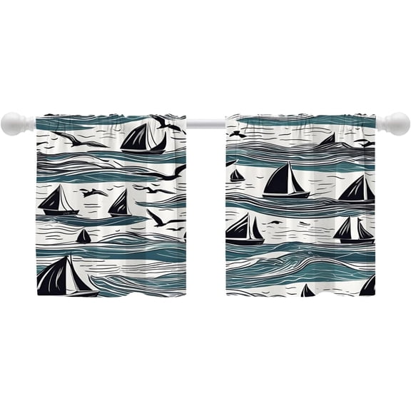 bufiio Happy Father''s Day Tier Curtains for Kitchen Windows, Sailboat Wave Bird Simplicity Window Curtain Panels Multilayer Polyester Blackout for Living Room Bathroom 2 Pack 26 x 24 in