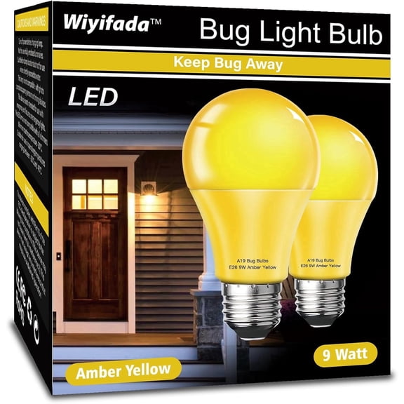 LED Bug Light Bulbs Outdoor 2 Pack, 9W Amber Light Bulbs, 100W Equivalent, A19 Amber Bug Lights for Outside, Bedroom, Hallway Porch Light,Warm Light Bulb