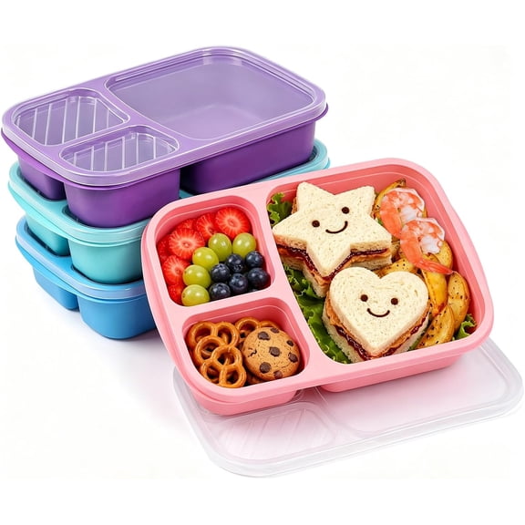buluker 4 Pack Bento Lunch Box Set 3 Compartment Food Storage Containers Wheat Straw Meal Prep Lunch Box Plastic Food Storage Containers, Microwave and Dishwasher Safe (light colour)