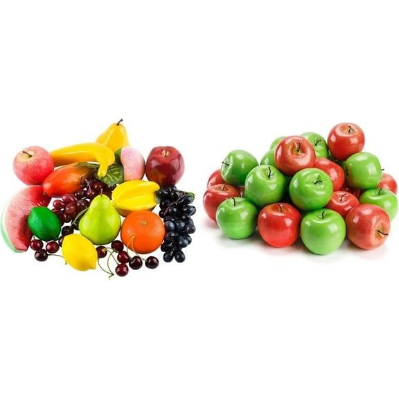 A bundle of 20 Pcs Artificial Fruits Pack and 30PCS Artificial Red and Green Apples, Fake Fruit Lifelike Simulation Apples for Home Kitchen Table Basket Decoration, 3.4" x 3.2"