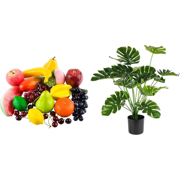 A bundle of 20 Pcs Artificial Fruits Pack, Fake Fruits for Home Decor and 28" Fake Plants Large Artificial Floor Faux Plants Indoor Tall for Home Office Living Room Decor