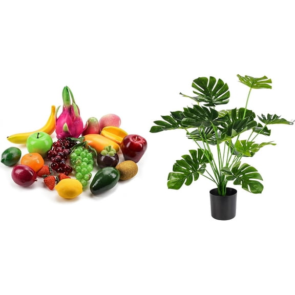 A bundle of 20 Pcs Artificial Fruits Pack, Fake Fruits for Home Decor, Simulation Fruit Set and 28" Fake Plants Large Artificial Floor Faux Plants Indoor Tall for Home Office