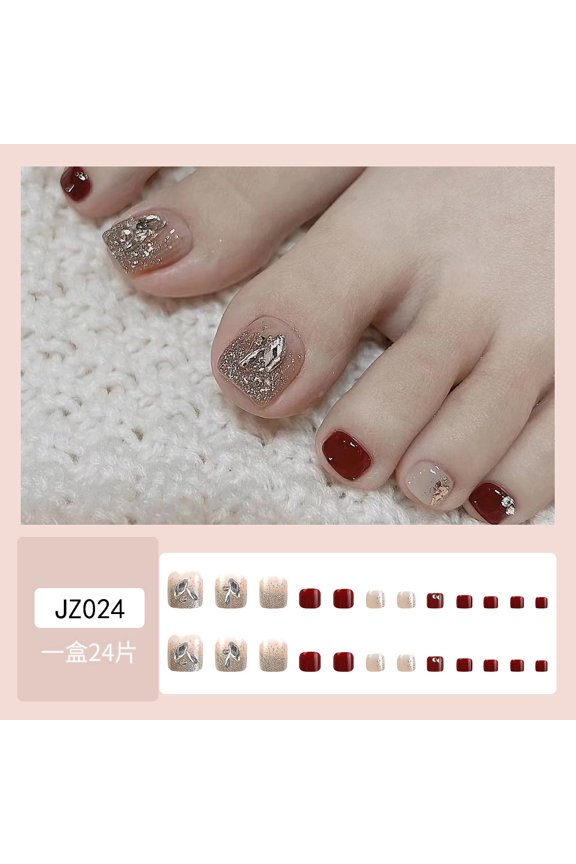 burgundy gold flash silver leaf feet wear nails, cross-border elegant and fashionable style foot nails, exquisite atmosphere toenail pieces