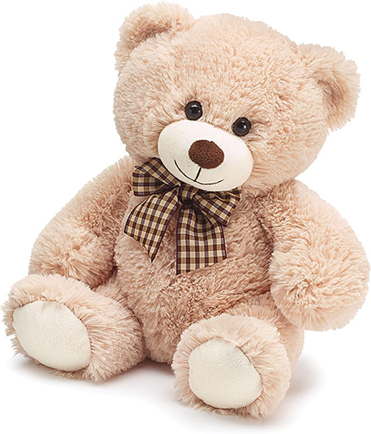burton+BURTON Plush Teddy Bear With Checked Bow, 10 Inch Sitting, Beige