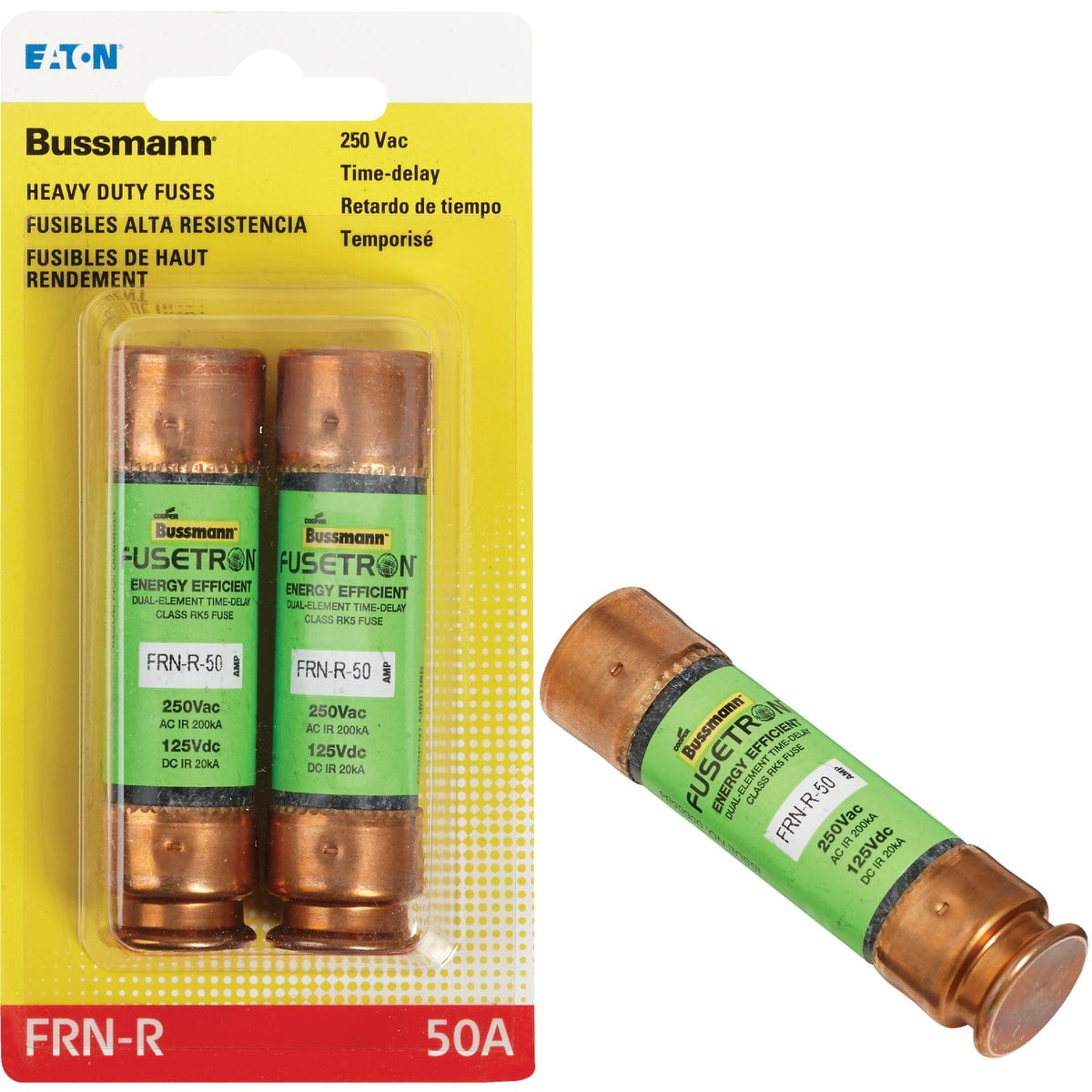 Bussmann BP/FRN-R-50 50 Amp Fusetron Dual Element Time-Delay Current Limiting Class RK5 Fuse, 250V Carded UL Listed, 2-Pack by Bussmann
